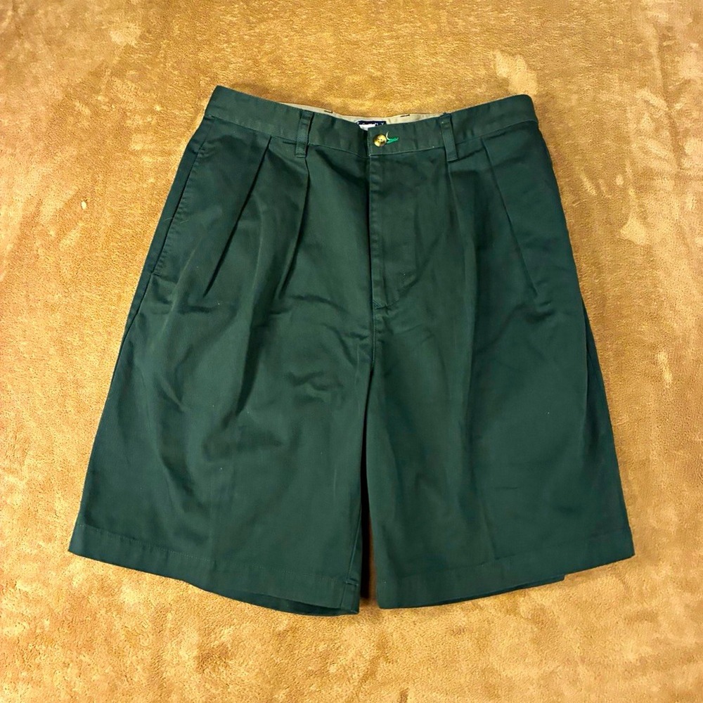 VTG Tommy Hilfiger Men's Green Double Pleated Chino Shorts Pockets Button Preppy